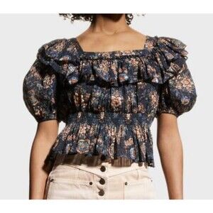 Ulla Johnson Warner Floral Blouse Size 2 Smocked Puff Sleeve Twilight Blue